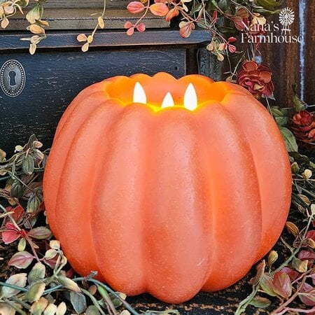 Orange Pumpkin Carved Moving Flame LED Candle - 6" T