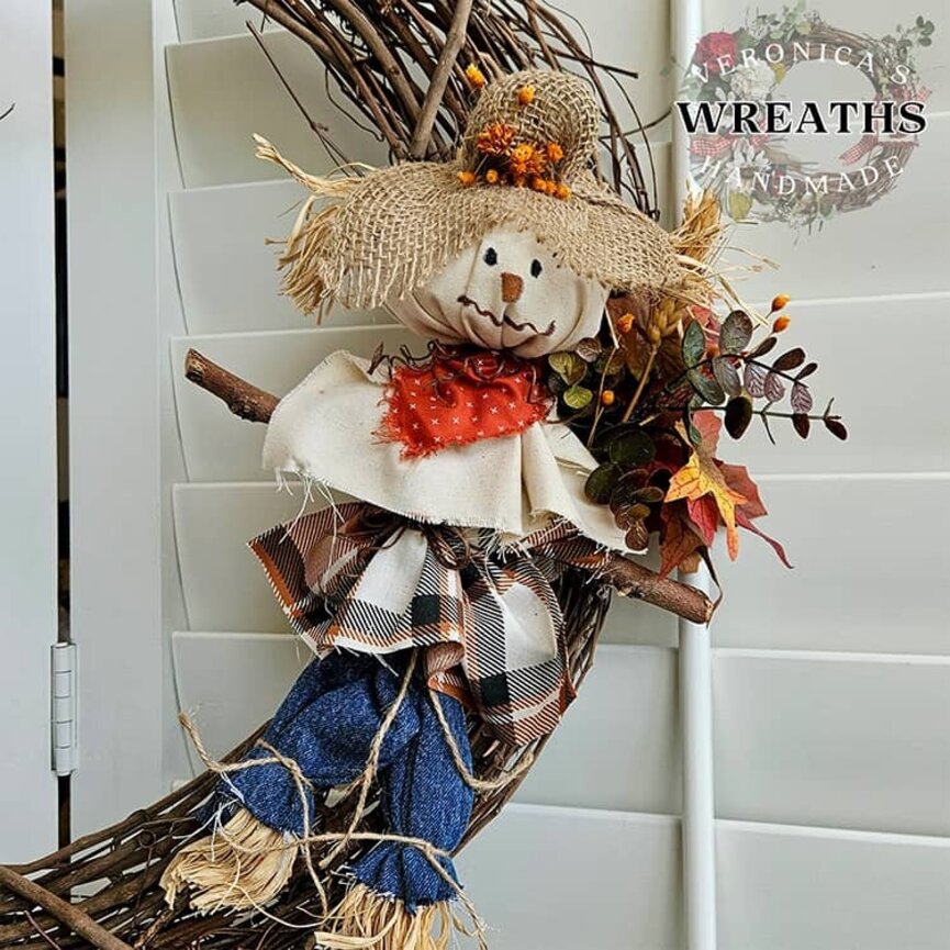 Fall Flora Grapevine Wreath with Handmade Scarecrow - 21 " x 21"