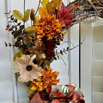 Fall Flora Grapevine Wreath with Handmade Scarecrow