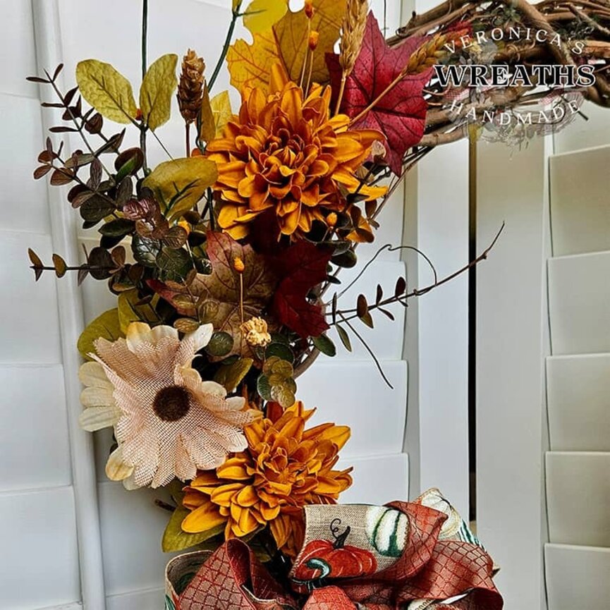 Fall Flora Grapevine Wreath with Handmade Scarecrow - 21 " x 21"