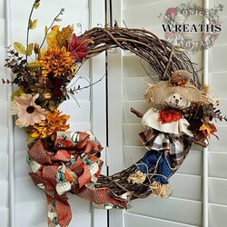 Fall Flora Grapevine Wreath with Handmade Scarecrow - 21 " x 21"