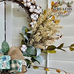Fall Floral Grapevine Wreath with Cotton Blooms - 22" x 23"