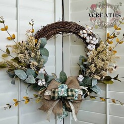 Fall Floral Grapevine Wreath with Cotton Blooms - 22" x 23"