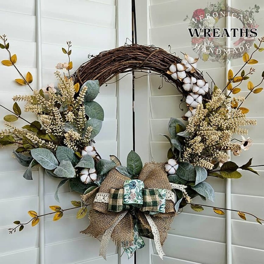 Fall Floral Grapevine Wreath with Cotton Blooms - 22" x 23"