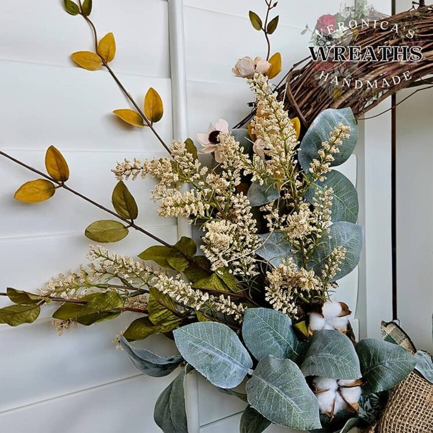 Fall Floral Grapevine Wreath with Cotton Blooms - 22" x 23"