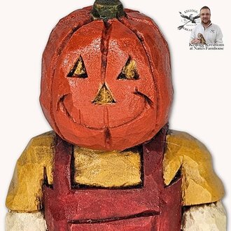 Pumpkin Boy Figurine in Red Overalls - 4"