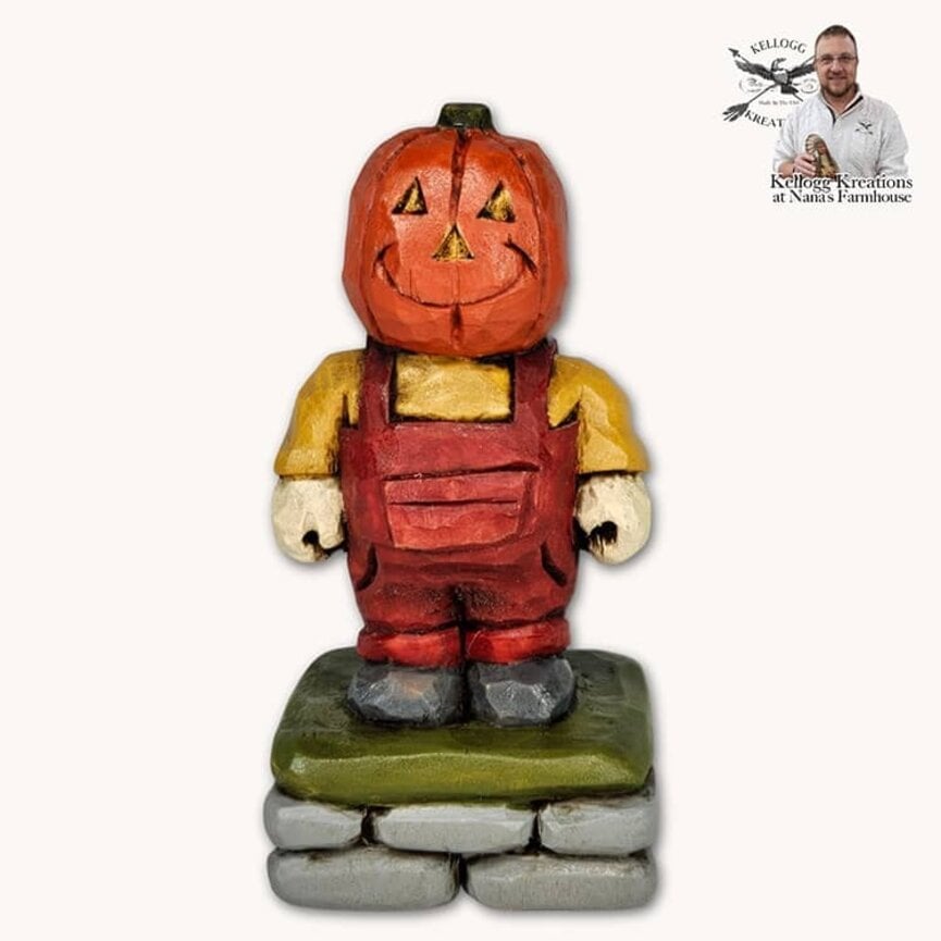 Hand Carved Pumpkin Head Boy Red Overalls - 4"