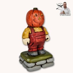 Hand Carved Pumpkin Head Boy Red Overalls - 4"