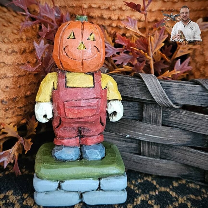 Hand Carved Pumpkin Head Boy Red Overalls - 4"
