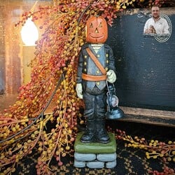 Hand Carved Colonial Pumpkin Head Man with Lantern - 6.75"