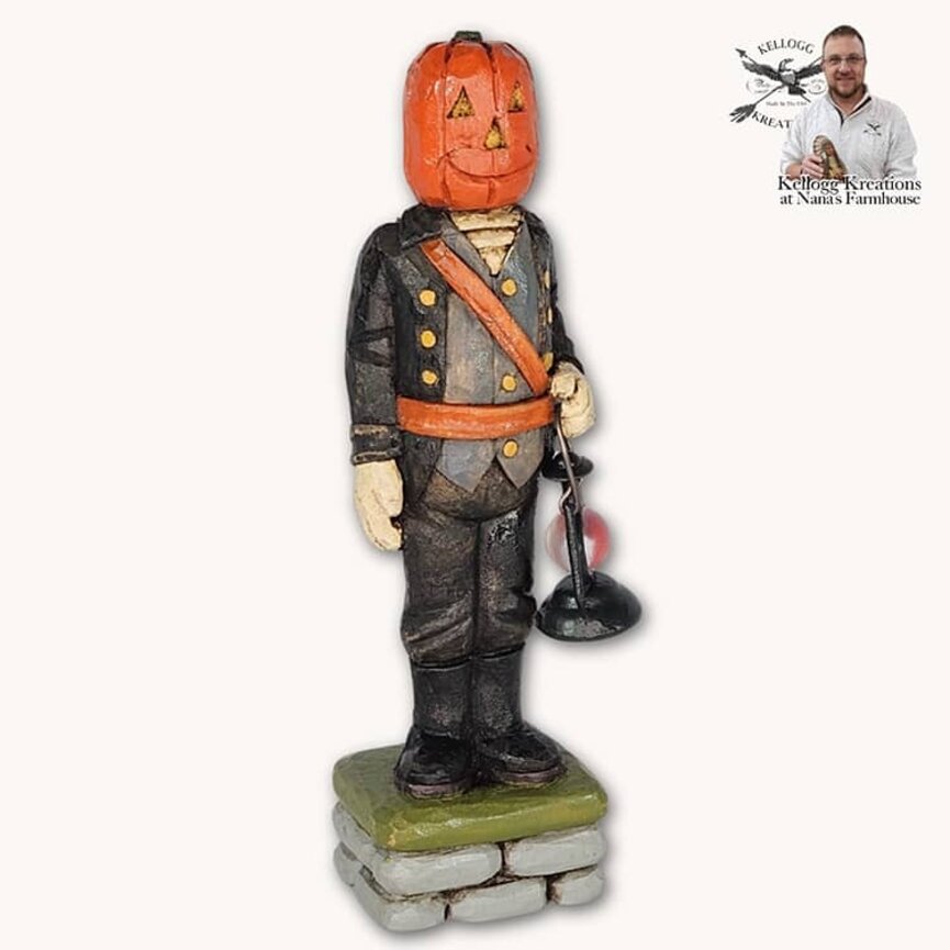 Hand Carved Colonial Pumpkin Head Man with Lantern - 6.75"
