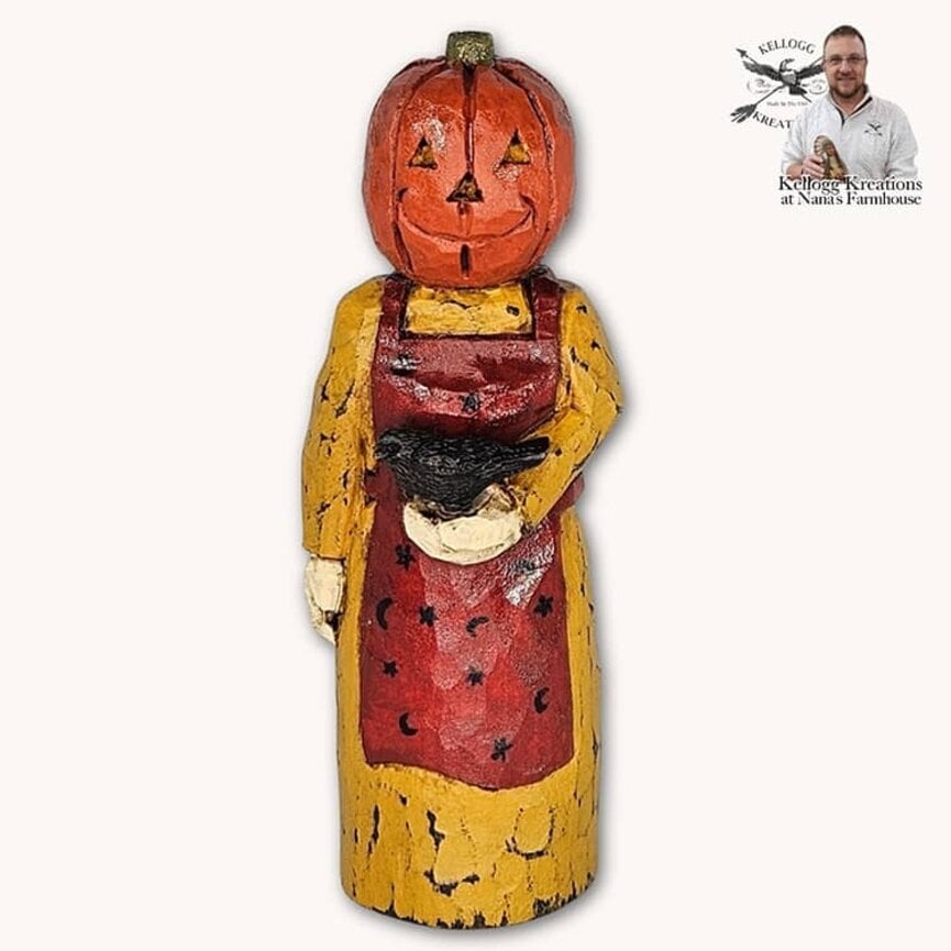 Hand Carved Pumpkin Head Lady Red Apron with Crow - 5"