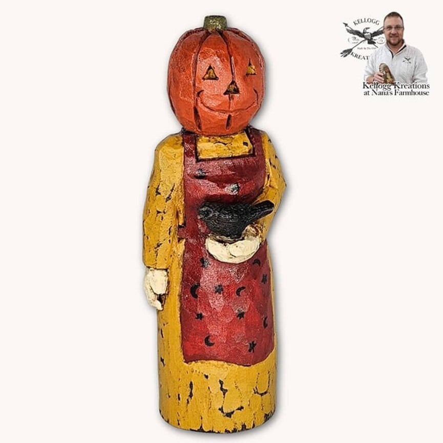 Hand Carved Pumpkin Head Lady Red Apron with Crow - 5"