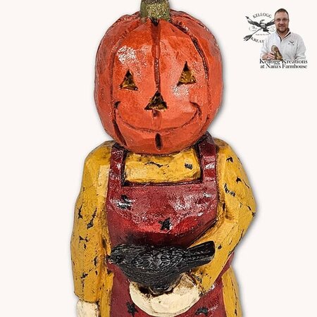 Hand Carved Pumpkin Lady Holding Crow - 5"