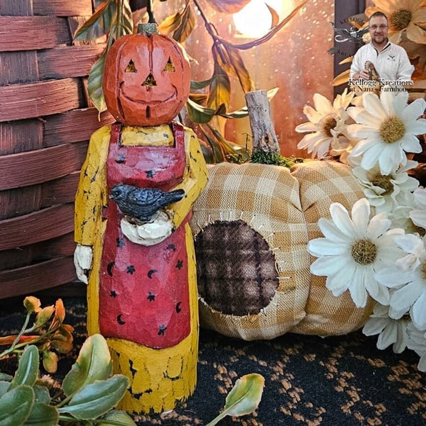 Hand Carved Pumpkin Head Lady Red Apron with Crow - 5"