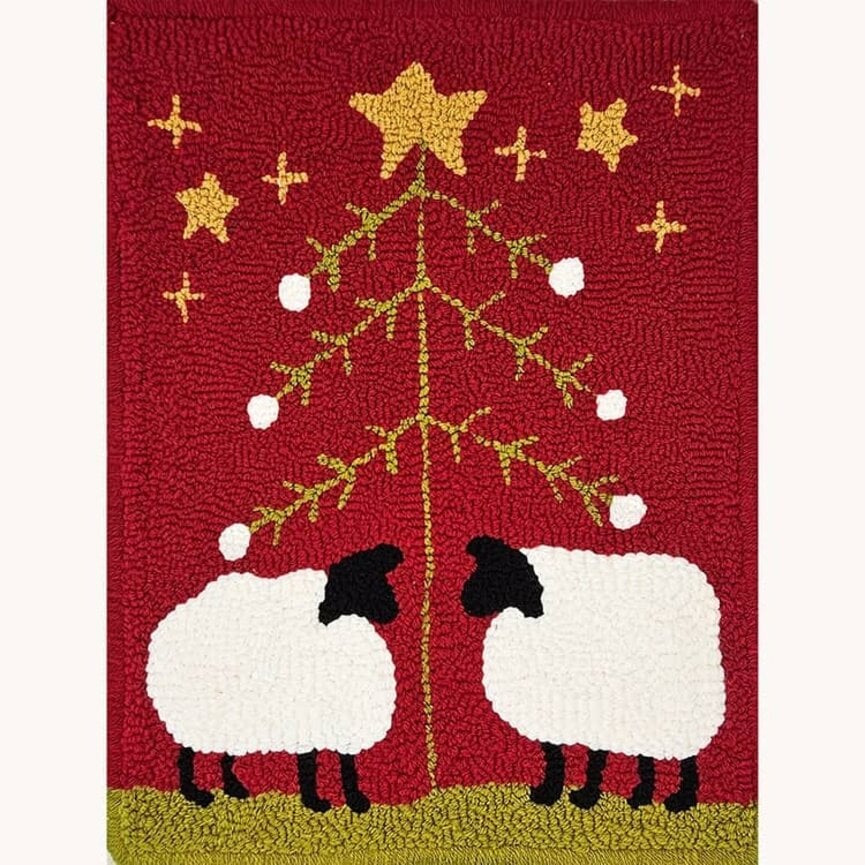 Needle Punched Rug Sheep with Feather Tree & Star - 12" x 15.5"