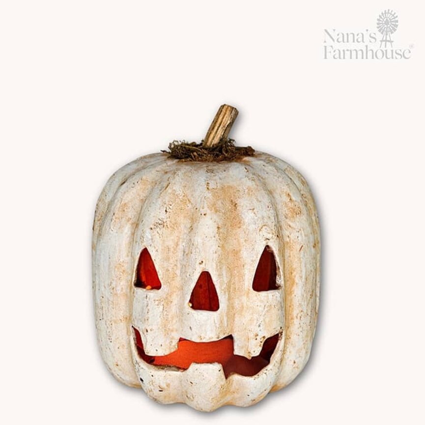 Carved Jack Face White Pumpkin Wax Dipped - 7" x 5.5"