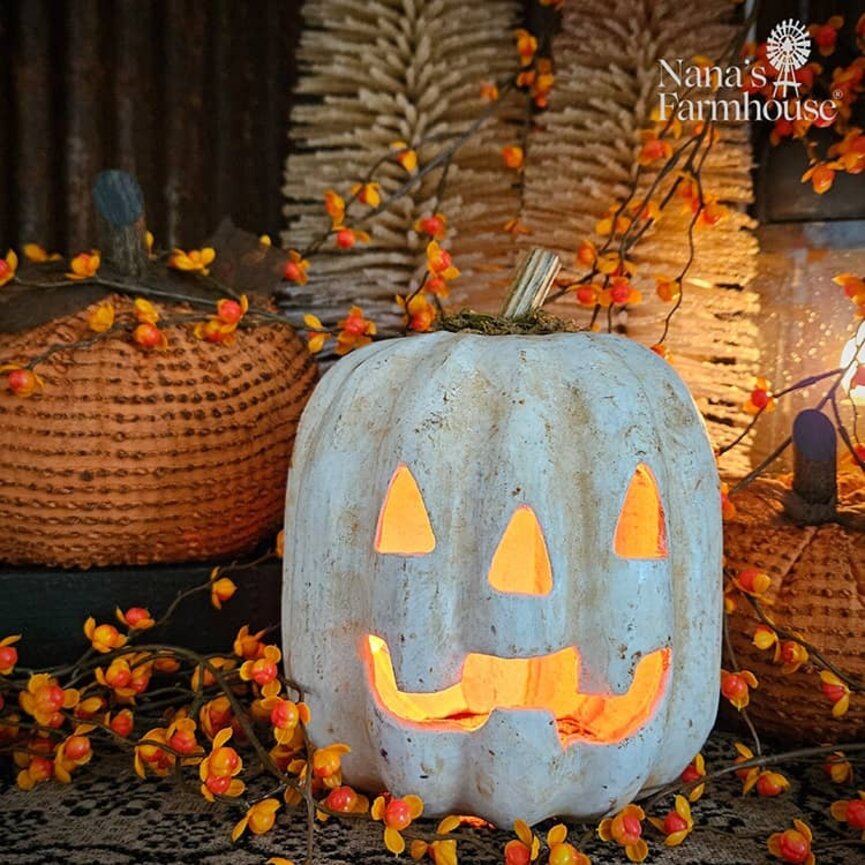 Carved Jack Face White Pumpkin Wax Dipped - 7" x 5.5"