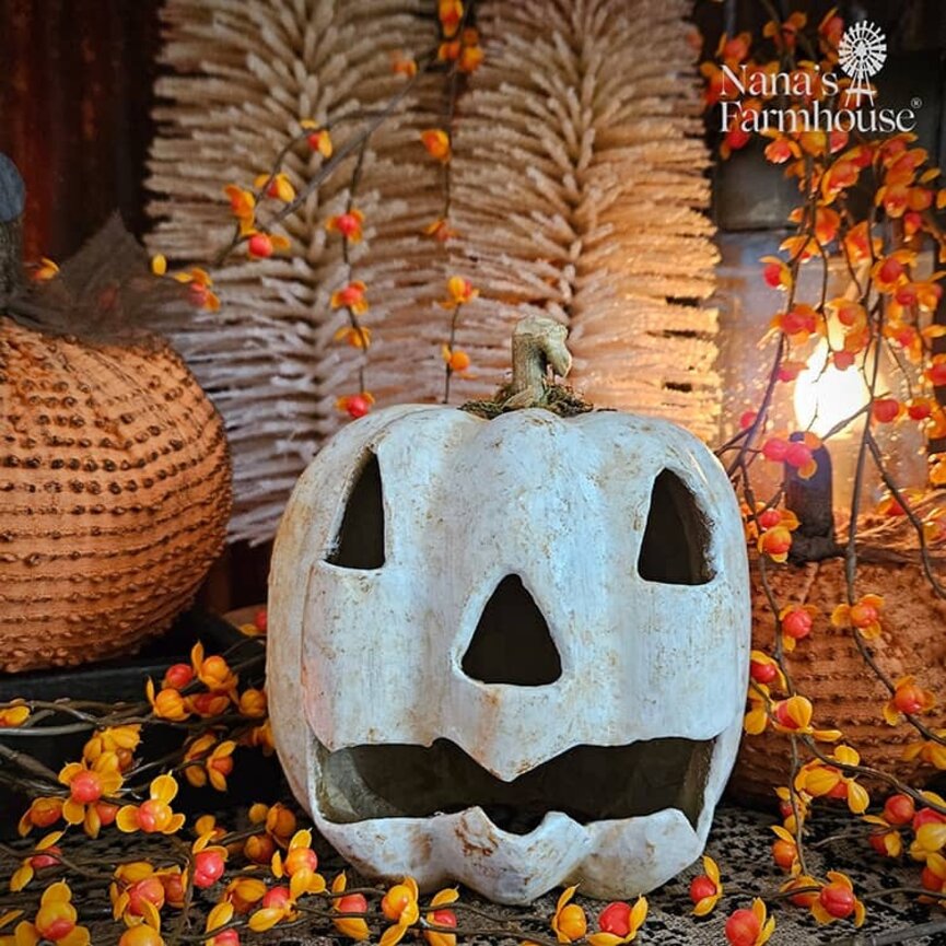 White Carved Pumpkin Wax Dipped - 6" x 5"