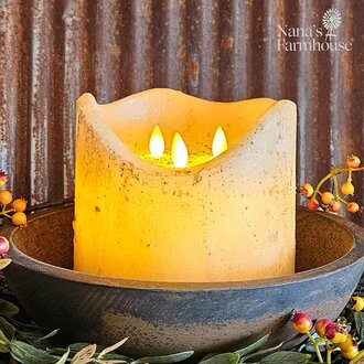 Burnt Ivory Hand Dipped Moving Flame 3 Wick Pillar  - 6"