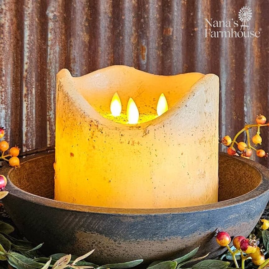 Hand Dipped Moving Flame 3 Wick Pillar Candle Burnt Ivory - 6" x 6"