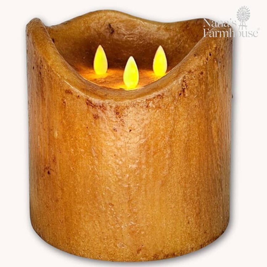 Hand Dipped Moving Flame 3 Wick Pillar Candle Mustard - 6"
