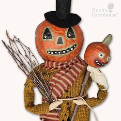 Tall Pumpkin Man Orange Clay Face Mustard Jacket - 17"