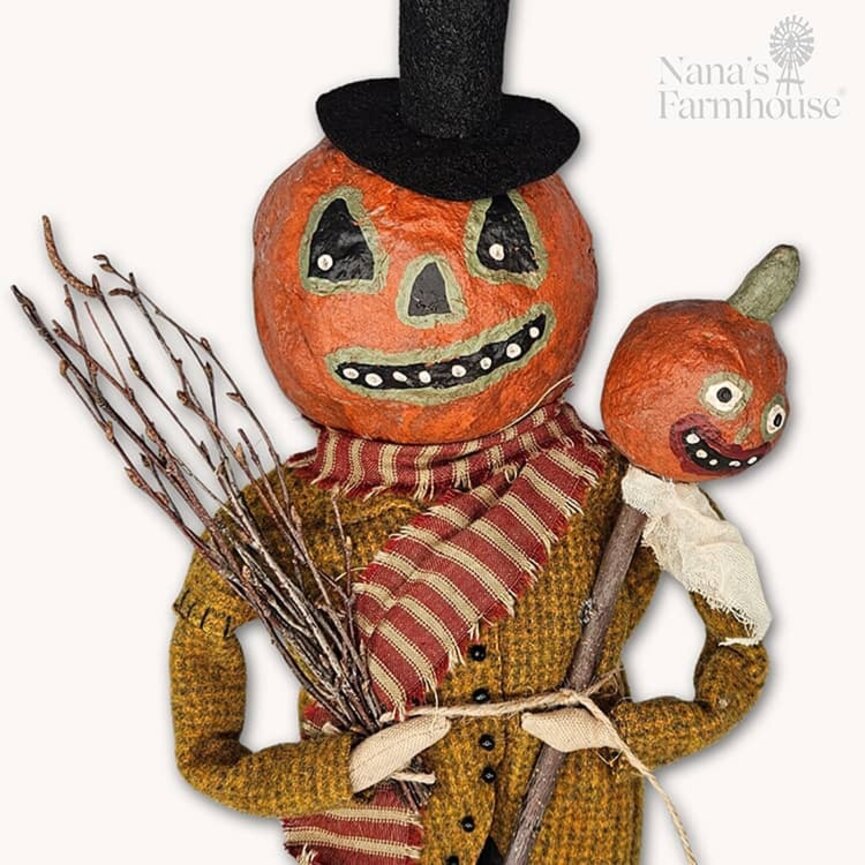 Tall Pumpkin Man Orange Clay Face Mustard Jacket - 17"