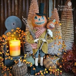 Tall Pumpkin Man Orange Clay Face Mustard Jacket - 17"