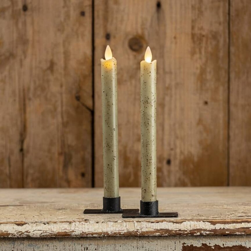 Moving Flame Taper Candle Green Set of Two - 9.5"