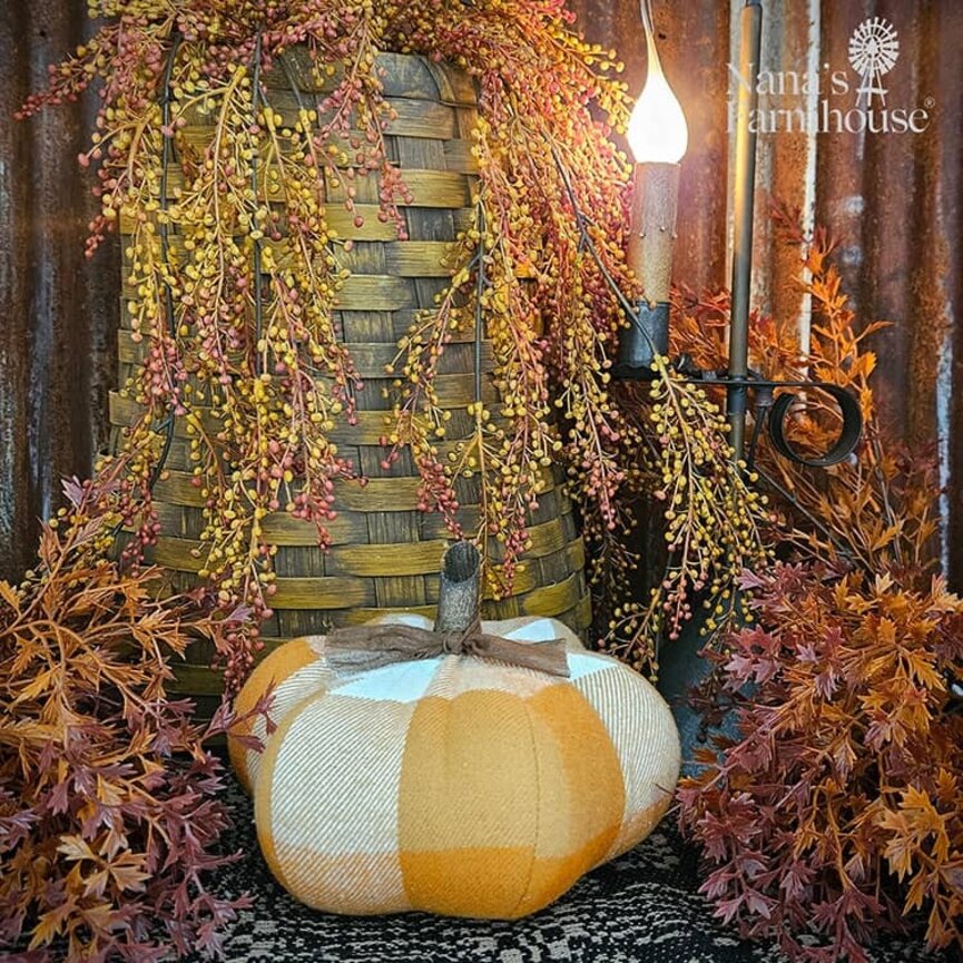 Orange Plaid Printed Pumpkin - 7" Dia