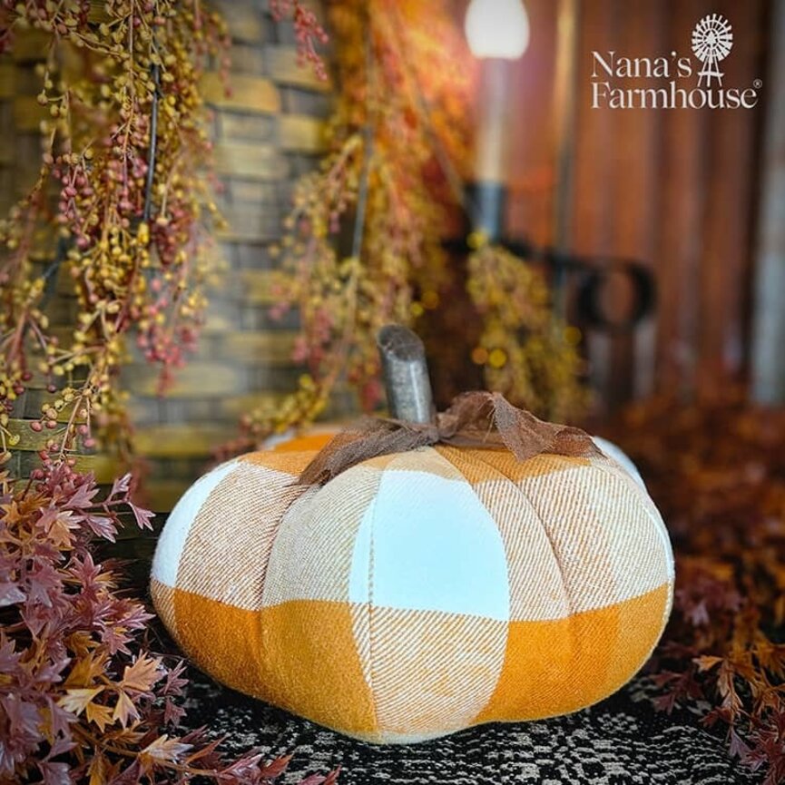 Orange Plaid Printed Pumpkin - 9"