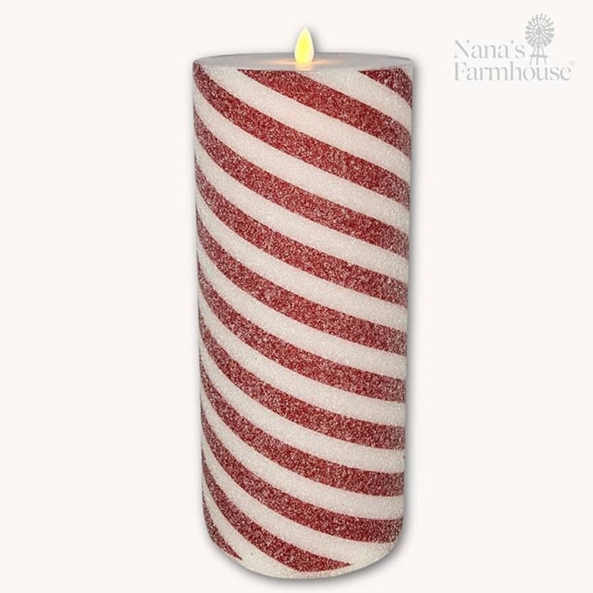 Frosted Candy Cane Moving Flame LED Pillar Candle - 11.5" x 5"