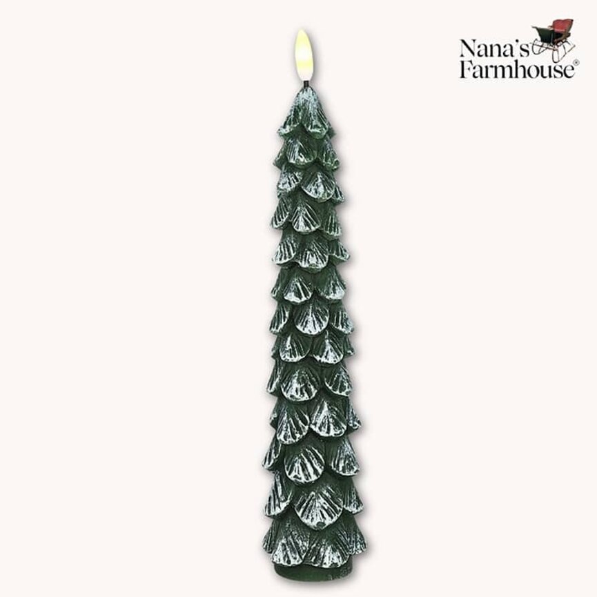 Green Christmas Tree Taper Candle with 3D Flame - 10"
