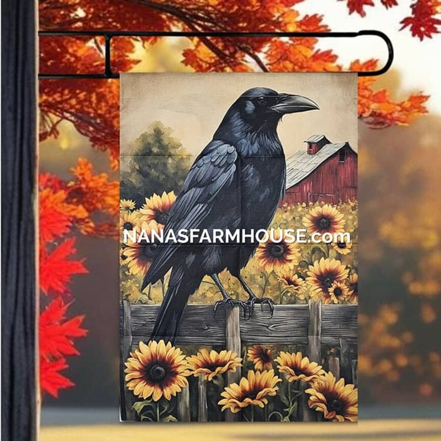 Crow Sunflower Red Barn Double Sided Garden Flag - 28" x 40"