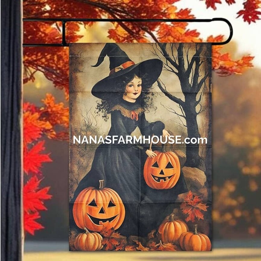 Whimsical Good Witch with Jack O Lanterns Double Sided Garden Flag - 28" x 40"