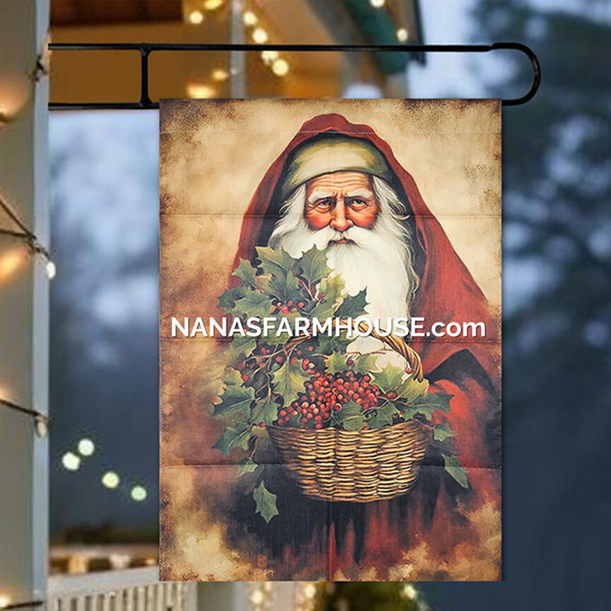 Santa With Holly Basket Double Sided Garden Flag - 28" x 40"