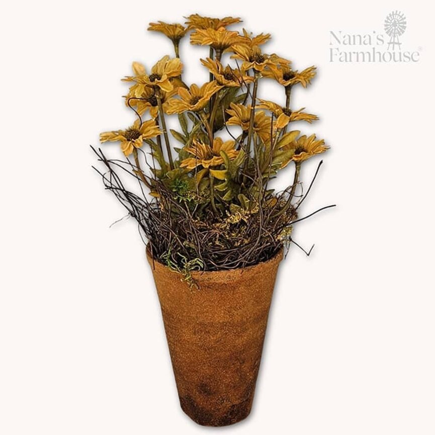 Primitive Floral Pot Mustard Daisy Flowers - 10"