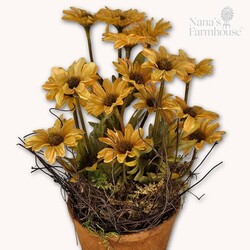 Primitive Floral Pot Mustard Daisy Flowers - 10"