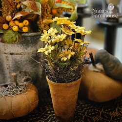 Primitive Floral Pot Mustard Daisy Flowers - 10"