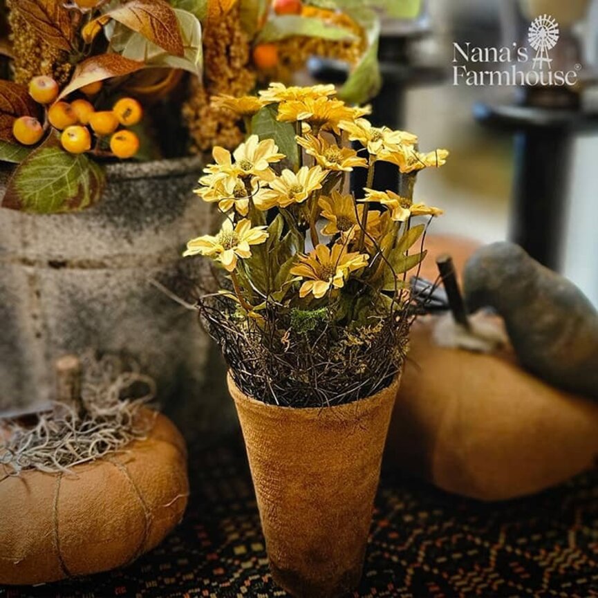 Primitive Floral Pot Mustard Daisy Flowers - 10"