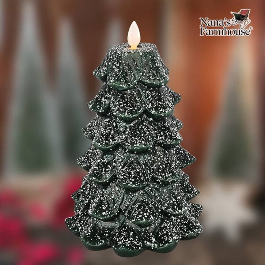 Green Christmas Tree with White Glitter Moving Flame LED Candle - 6.5" x 5"