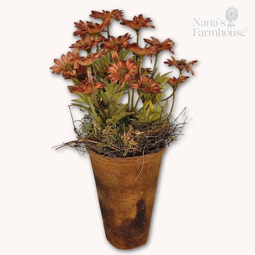Primitive Floral Pot Ashdale Daisy Rust - 10"