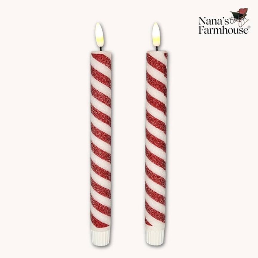 Candy Cane 3D Flame LED Taper Candle Set of 2 - 10"