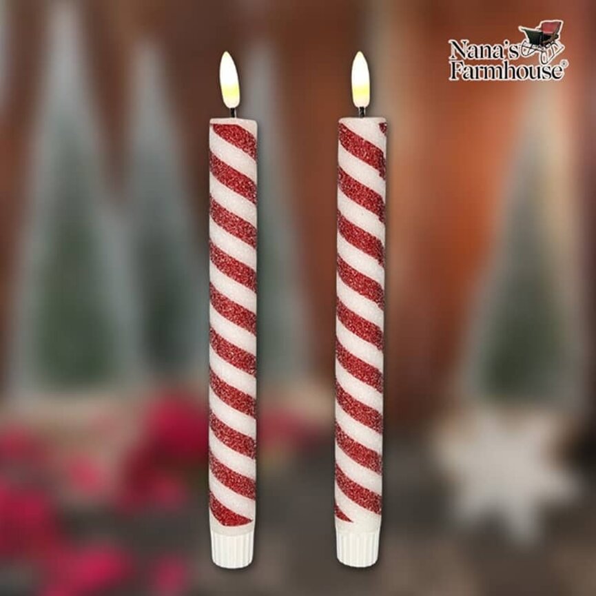 Candy Cane 3D Flame LED Taper Candle Set of 2 - 10"