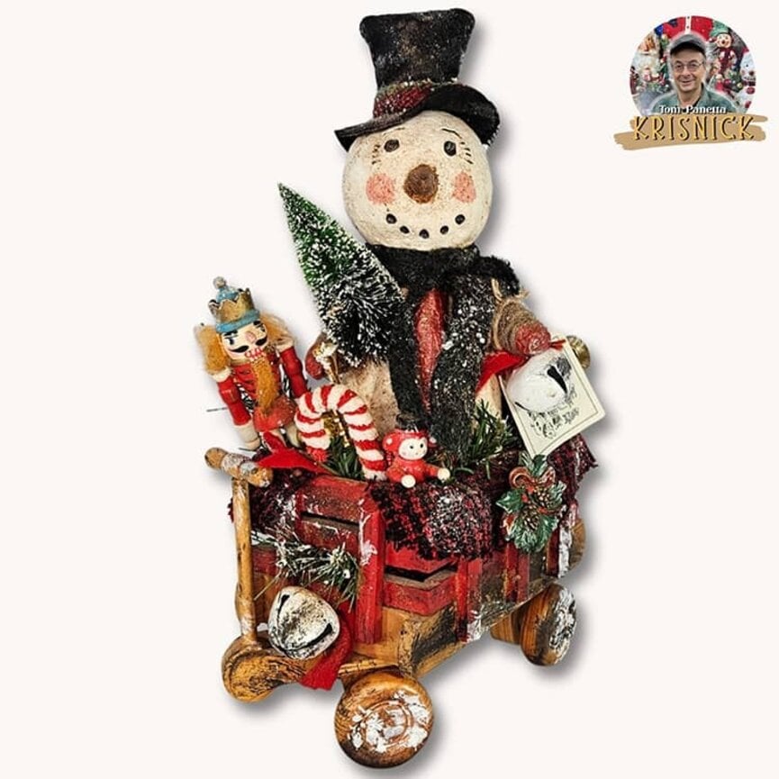 Krisnick Snowman In Wagon with Toys - 14" x 8 L x  4.5"