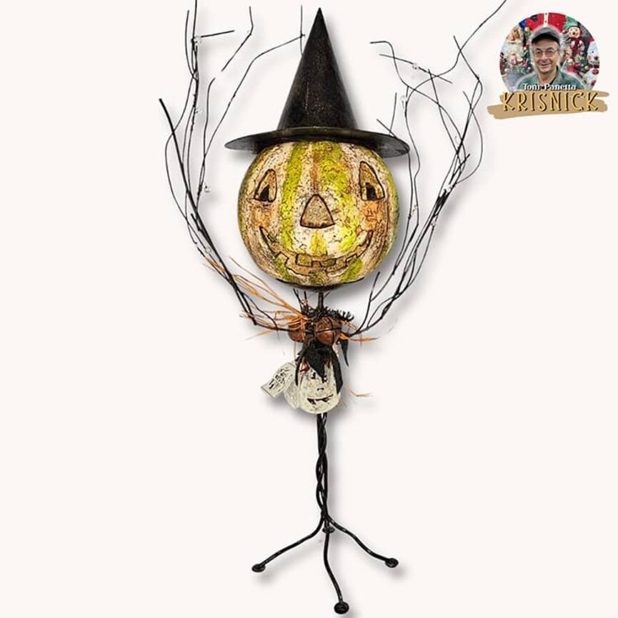 Krisnick Pumpkin Head with Witch Hat On Wrought Iron Stand - 26" x 14"