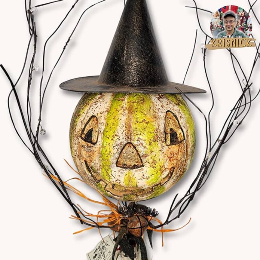 Krisnick Pumpkin Head with Witch Hat On Wrought Iron Stand - 26" x 14"