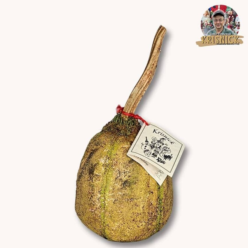 Krisnick Green & White Pumpkin with Dried Stem - 9" x 4"