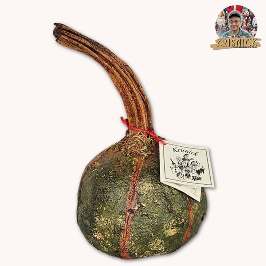 Krisnick Green Pumpkin with Orange Stripe & Dried Stem - 9.5" x 5"